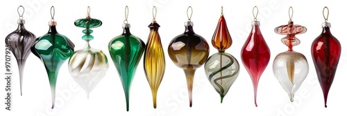 Handcrafted glass blown Christmas ornaments in various shapes and colors, showcasing traditional holiday decor and artisanal craftsmanship
