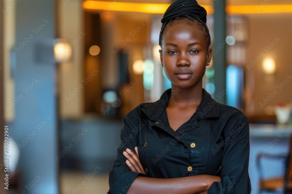 A woman stands with her arms crossed, conveying confidence and assertiveness A woman stands with her arms crossed, conveying confidence and assertiveness