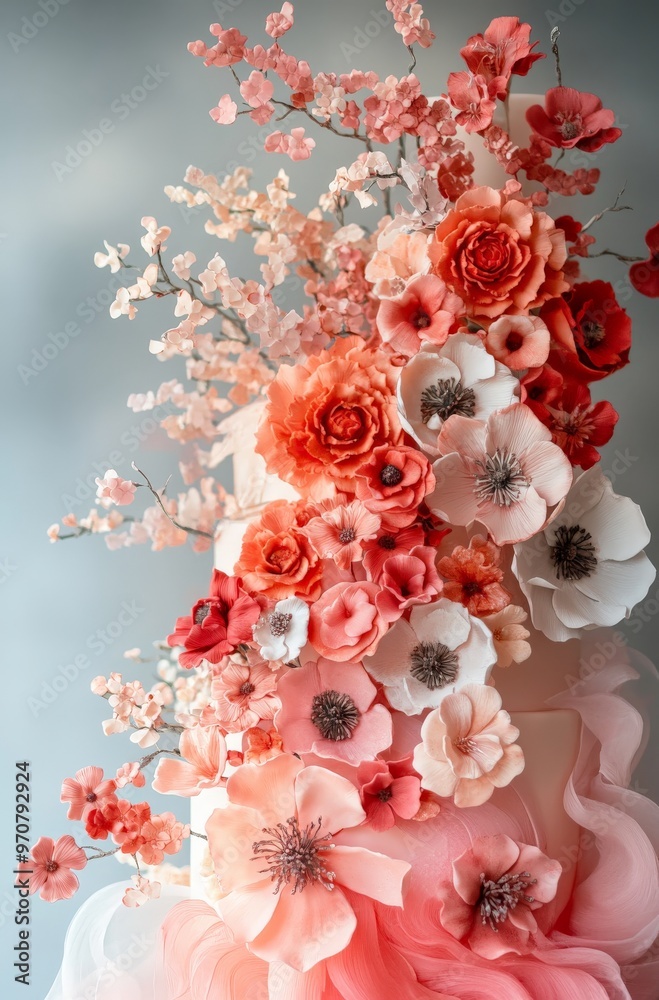 Elegant coral and pink floral cake design featuring delicate sugar flowers