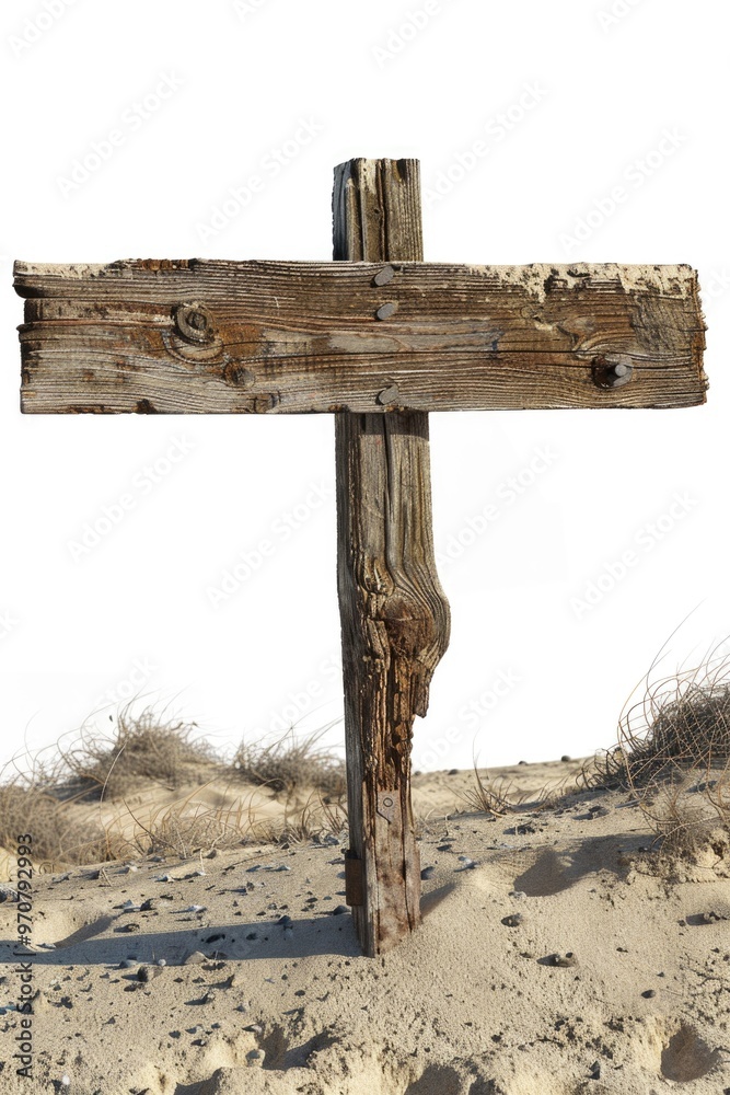 An old wooden cross stands out on a sunny sandy beach, with blue sky and sea in the background An old wooden cross stands out on a sunny sandy beach, with blue sky and sea in the background