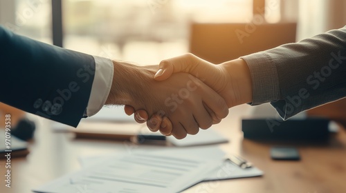 Close-up of a professional handshake signifying agreement and partnership in a corporate setting with documents on the table.