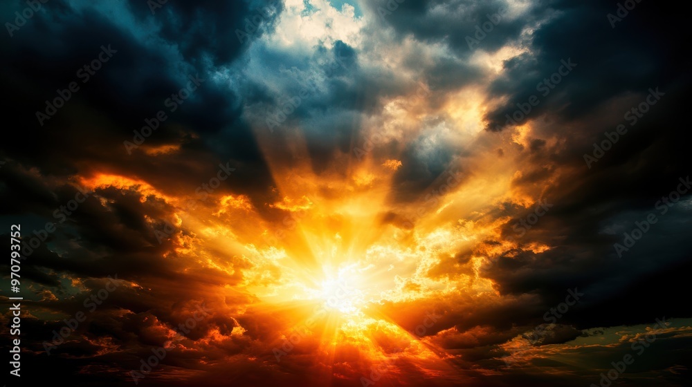 Fototapeta premium A breathtaking sunset with vibrant colors and dramatic clouds, creating a serene and inspirational atmosphere.