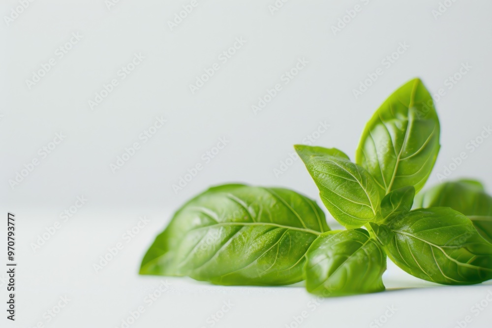 Obraz premium Close-up shot of a pair of green leaves resting on a white background