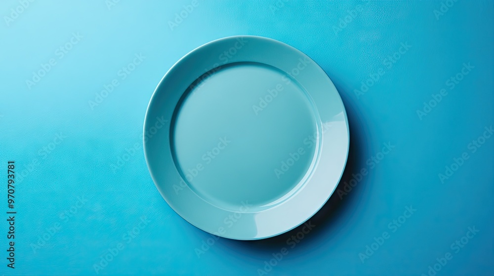 A simple blue ceramic plate neatly arranged on a solid blue table, representing minimalist dining concepts. A simple blue ceramic plate neatly arranged on a solid blue table, representing minimalist dining concepts.