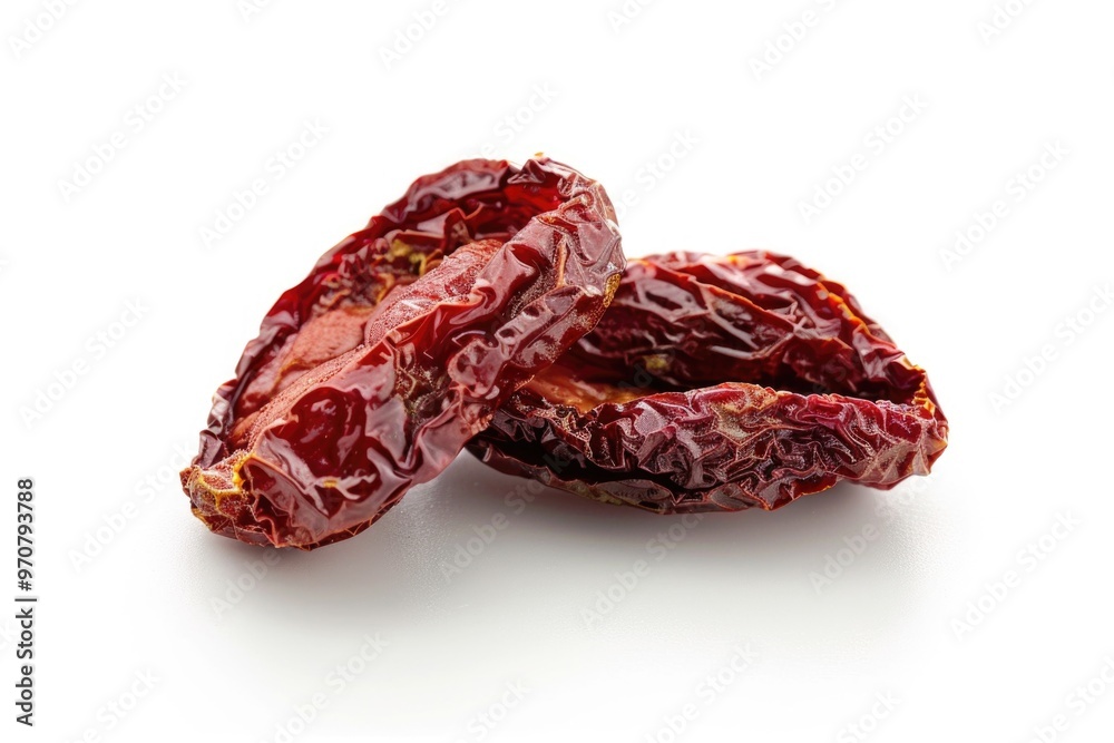Obraz premium Close-up view of two dried tomatoes placed on a white surface