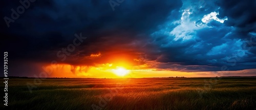 A breathtaking sunset over a vast field, contrasting vibrant colors against dark clouds, evoking tranquility and beauty in nature.