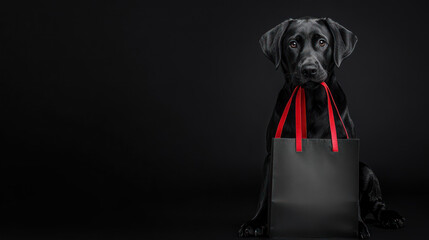 Black Friday sale banner. Black Labrador sitting on black background holding in mouth black shopping bags with red handles. Copy space. Special offer, discount. Super seasonal sale