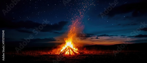 A captivating bonfire under a starry sky, radiating warmth and light in the serene night landscape.