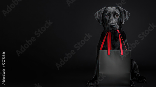 Black Friday sale banner. Black Labrador sitting on black background holding in mouth black shopping bags with red handles. Copy space. Special offer, discount. Super seasonal sale photo