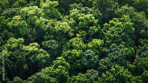 Bird's eye view of a dense forest with tall trees, underbrush and foliage