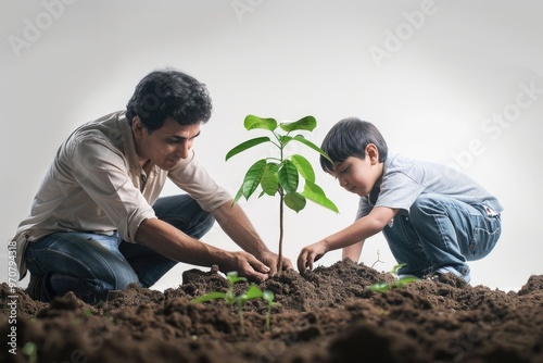 A person and child plant a tree together, an activity for family bonding or environmental conservation