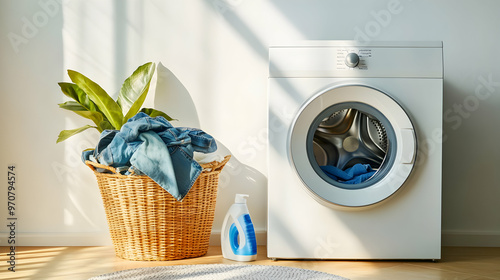 A laundry basket full of shirts, socks, and jeans, placed beside a front-load washing machine in a brightly lit, minimalist laundry room, with detergent on the side photo