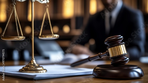 A close-up of a gavel and scales of justice in a courtroom, symbolizing law and order in a legal setting. photo