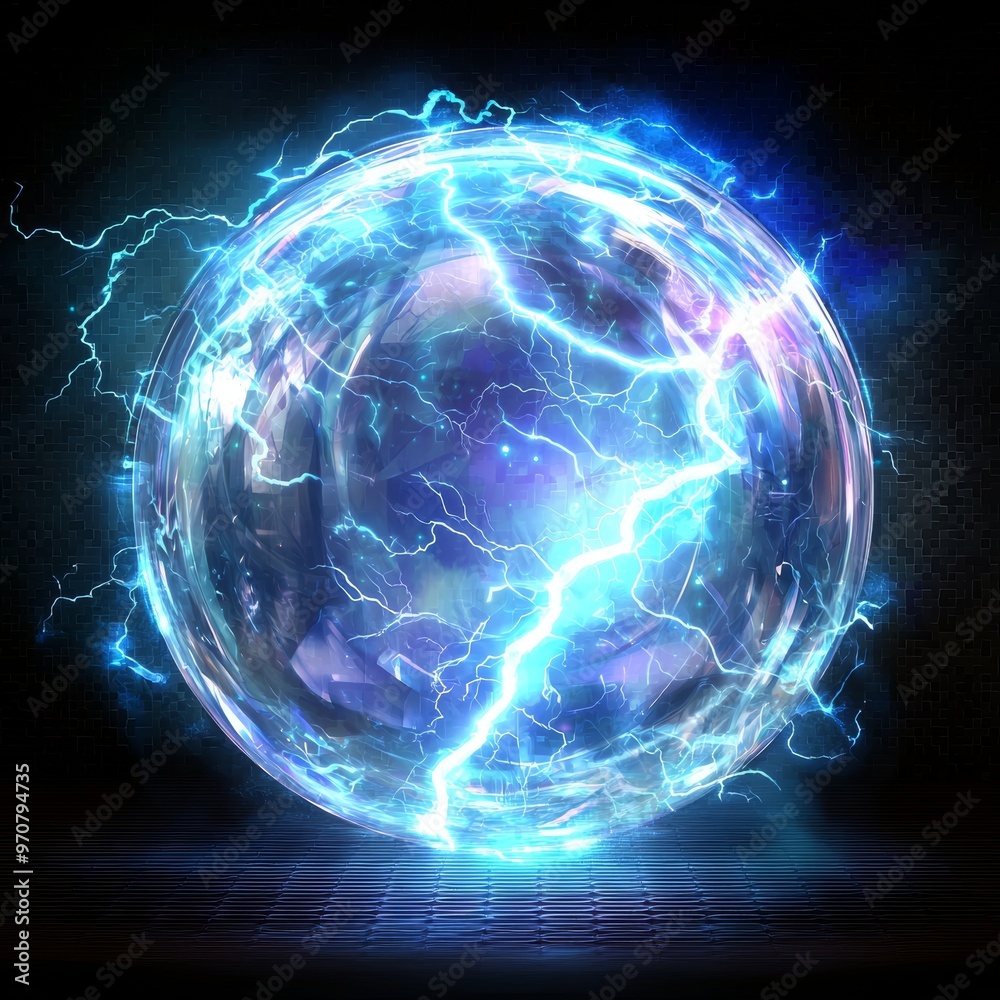 A glass or crystal sphere for spiritual sessions with energetic flash is isolated on a dark transparent background in a realistic way. A magic ball with electric lightning inside it. A glass or crystal sphere for spiritual sessions with energetic flash is isolated on a dark transparent background in a realistic way. A magic ball with electric lightning inside it.