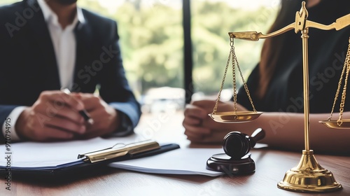 A close-up of a legal consultation scene with a scale of justice, gavel, and legal documents on a wooden table.