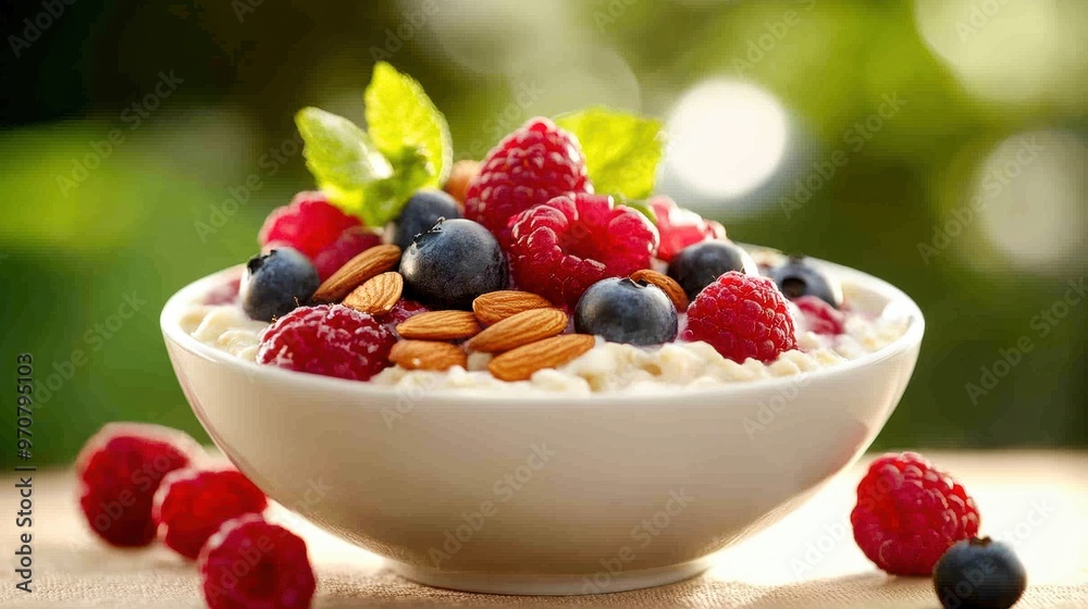 A fresh and healthy bowl of yogurt topped with raspberries, blueberries, and almonds, perfect for breakfast or a snack. A fresh and healthy bowl of yogurt topped with raspberries, blueberries, and almonds, perfect for breakfast or a snack.