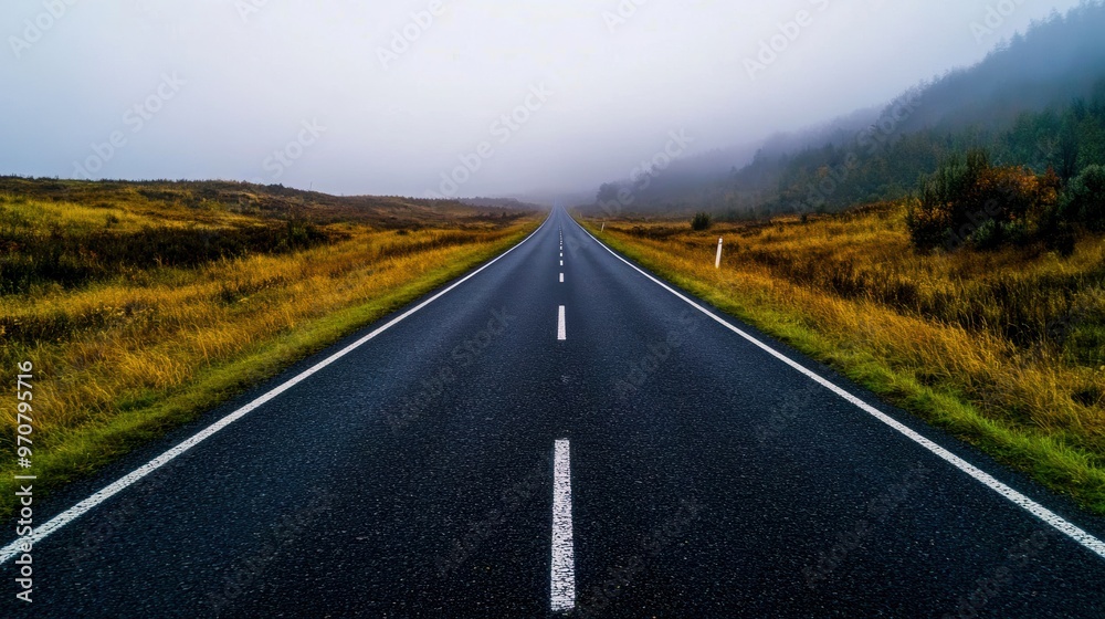 Fototapeta premium A peaceful road stretches into the misty distance, surrounded by serene fields and whispering nature.