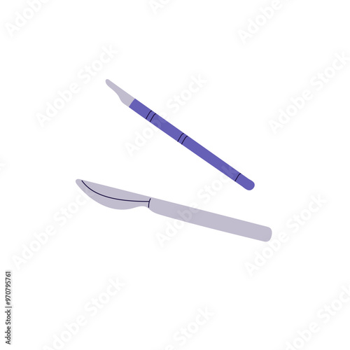 Sterile scalpels for incision during surgery. Surgical knife, blade for operation. Sharp medical tool, surgeon instrument. Emergency healthcare. Flat isolated vector illustration on white background