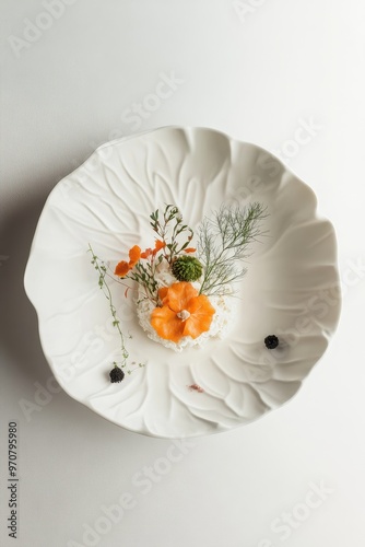 A beautifully arranged dish featuring rice, garnished with orange flowers and herbs.