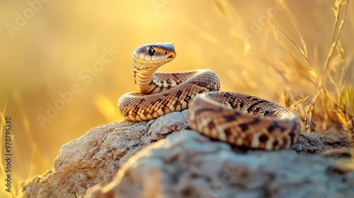 Smooth snake wild Coronella austriaca on sand reptile grass steppe and stones slow motion mighty rare juvenile crawling on rock searching prey endangered species protected by law animal Europe photo