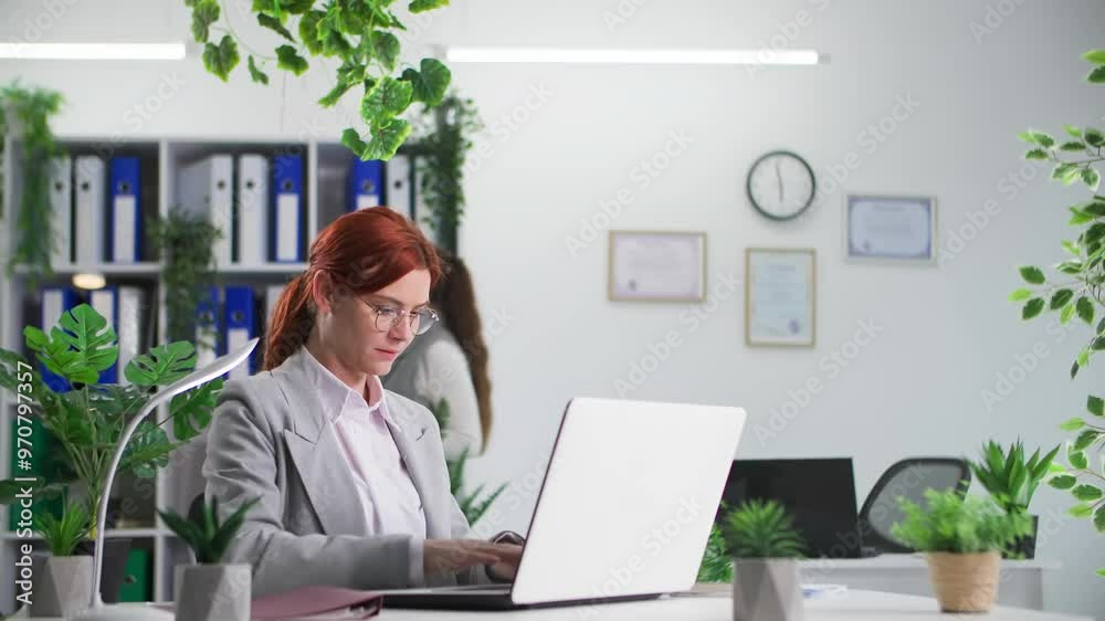 portrait woman in glasses working on computer with her female colleague in office with green plants, smiling and looking at camera portrait woman in glasses working on computer with her female colleague in office with green plants, smiling and looking at camera