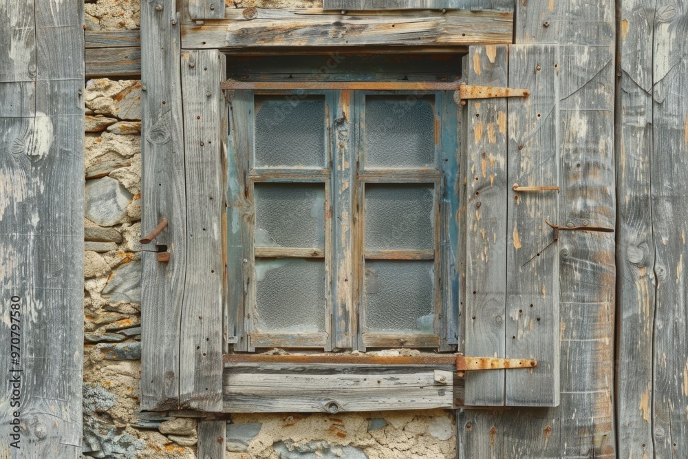 A traditional wooden window with a glass pane set into a stone wall A traditional wooden window with a glass pane set into a stone wall