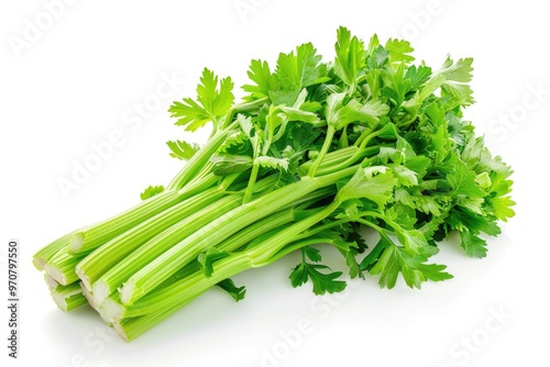 A bunch of fresh celery placed on a clean white surface