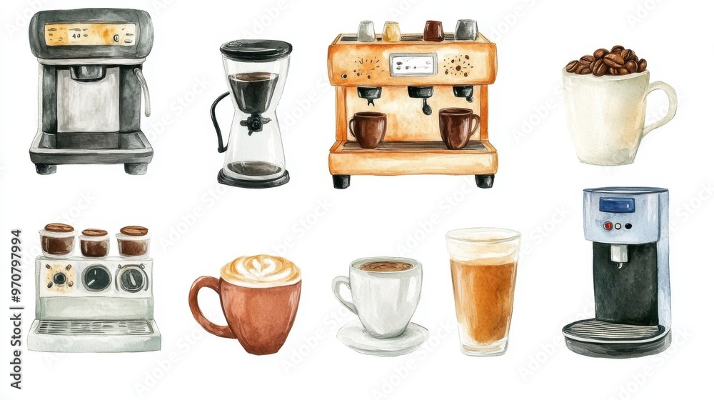 Artistic set of Watercolor coffee machines and coffee drinks isolated on brown background,hand-drawn vector,coffee cups and coffee beans,modern flat design,Fashionable and cute coffee motif concept. Artistic set of Watercolor coffee machines and coffee drinks isolated on brown background,hand-drawn vector,coffee cups and coffee beans,modern flat design,Fashionable and cute coffee motif concept.