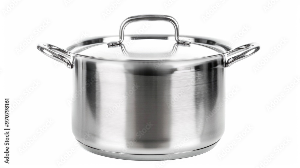 A stainless steel pot with a handle on a white background, great for photography or cooking A stainless steel pot with a handle on a white background, great for photography or cooking