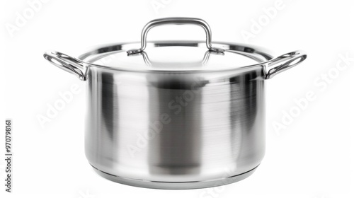 A stainless steel pot with a handle on a white background, great for photography or cooking