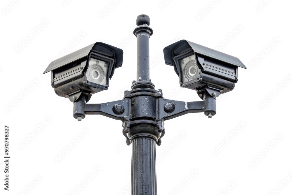 A pair of cameras mounted on a metal pole for surveillance or monitoring purposes A pair of cameras mounted on a metal pole for surveillance or monitoring purposes