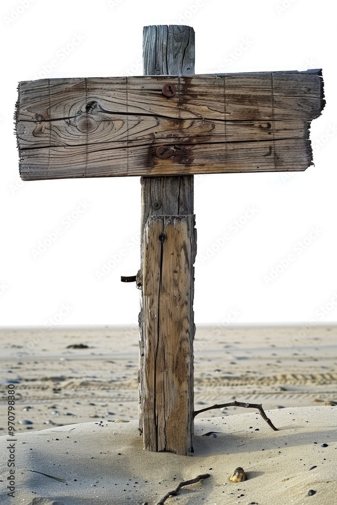 A weathered wooden sign sits atop a sandy beach, with waves gently lapping at the shore A weathered wooden sign sits atop a sandy beach, with waves gently lapping at the shore