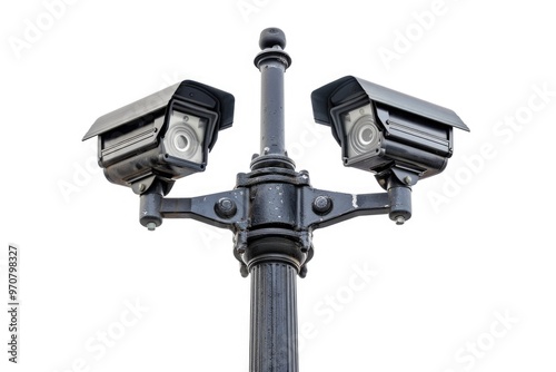 A pair of cameras mounted on a metal pole for surveillance or monitoring purposes