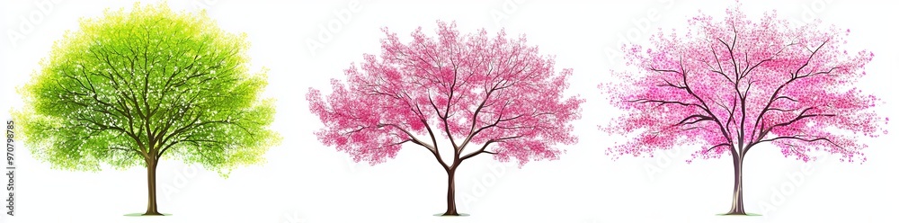 Obraz premium Pink blossom sakura, trunks, green crown. Isolated summer season park cartoon floral icon set. Spring trees garden environment logo landscape.