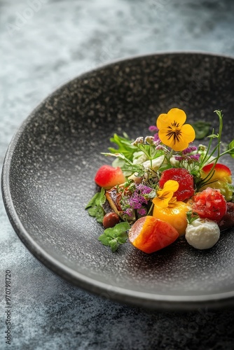 A beautifully arranged gourmet salad featuring vibrant vegetables and edible flowers.