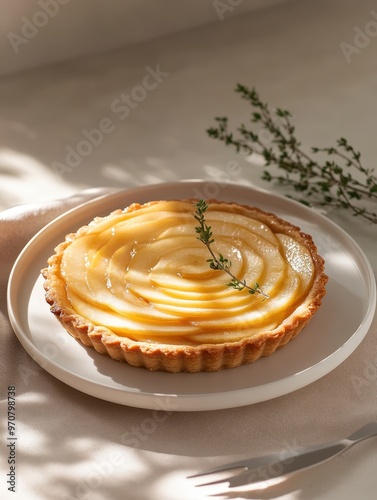 A beautifully arranged pear tart garnished with thyme on a minimalist plate.