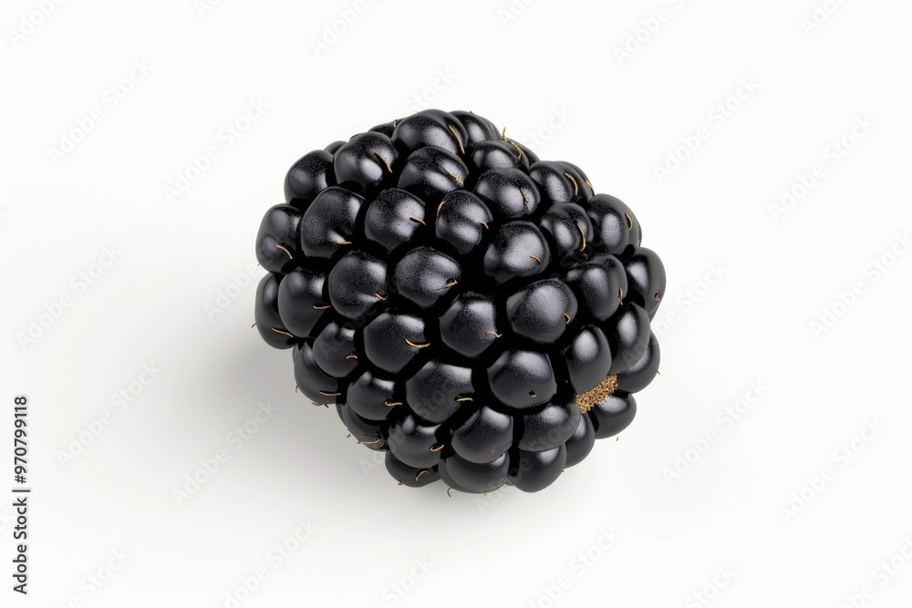 A single blackberry sits on a white surface, showcasing its texture and color A single blackberry sits on a white surface, showcasing its texture and color