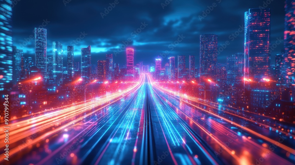 Futuristic Neon-lit Urban Road Network with Advanced Architecture and Copy Space Futuristic Neon-lit Urban Road Network with Advanced Architecture and Copy Space