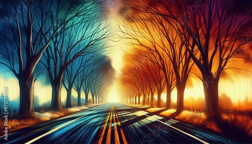 Empty road separating summer and winter with motion blur