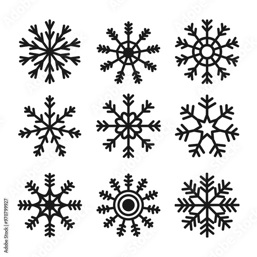 Black snowflake icon set. Snowflakes collection. Different shape. Cute funny snow flake winter sign symbol template. Childish style. Flat design. Isolated. White background. Vector illustration