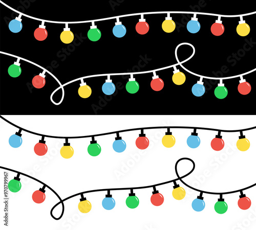 Christmas lights set line. Glowing lightbulb garland. Colorful string fairy light. Cartoon holiday festive xmas decoration. Round shape. Rainbow color. Flat design. White black background. Vector