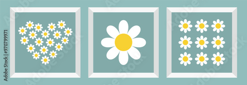 White daisy chamomile picture frame set. Camomile icon set. Heart square shape. Valentines Day. Cute hand drawn flower plant. Growing concept. Love card sign symbol. Flat design Blue background Vector