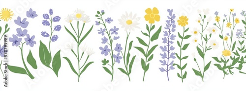 Spring floral backdrop decorated with blossoms and leaves. Modern flat illustration on white.