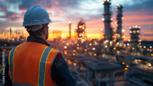 Blur background of worker overseeing a petrochemical plant at dusk. Picture of crane working in construction site. Industrial management and engineering concept. Design for industry-related. Spate.