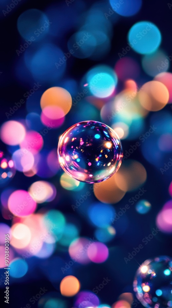 Colorful bubbles float among a vibrant, dreamy background of soft bokeh lights, creating a whimsical and magical atmosphere. Colorful bubbles float among a vibrant, dreamy background of soft bokeh lights, creating a whimsical and magical atmosphere.