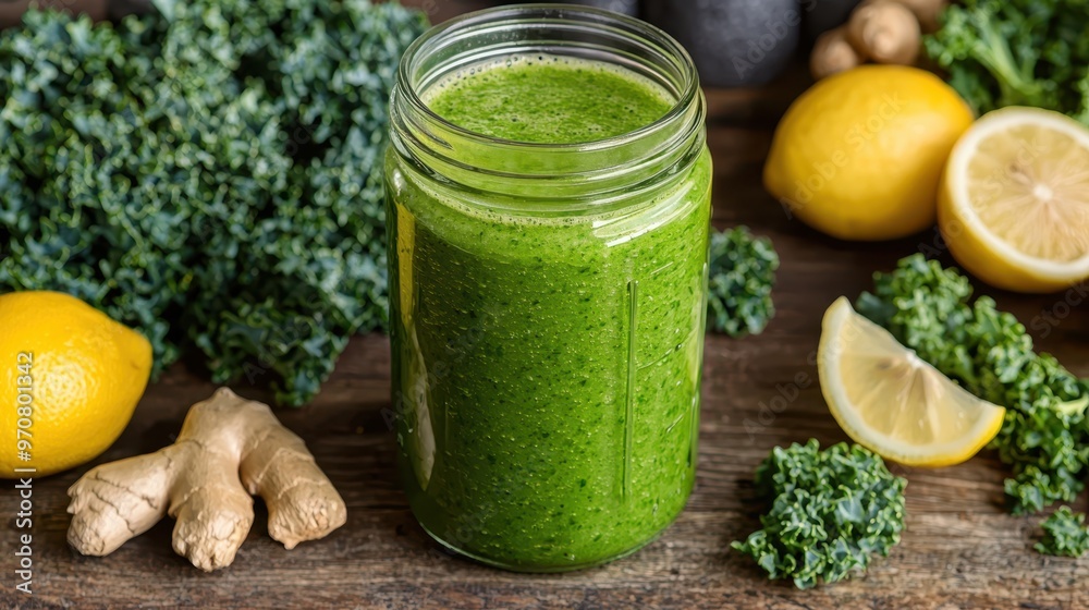 Refreshing Green Detox Smoothie with Fresh Kale, Ginger, and Lemon Ingredients on Rustic Wooden Background Refreshing Green Detox Smoothie with Fresh Kale, Ginger, and Lemon Ingredients on Rustic Wooden Background