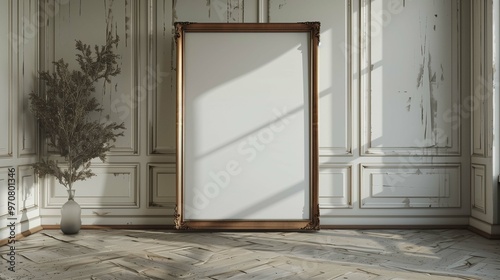 Old drawing mockup with frame and dried flowers in mansion. Painting template near wall with moldings advertising image. Art work mock up in old fashioned hall product photorealistic