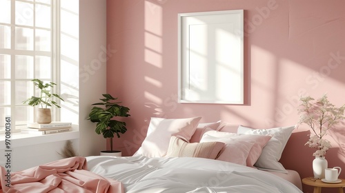 Decorative poster mockup and cozy bed in room interior. Bedroom lit by morning sun with photo template advertising image. Drawing mock up on pink wall product photorealistic