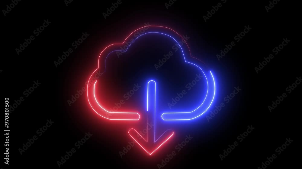 neon line glowing red blue color upload cloud icon animation on black background. 3d video.