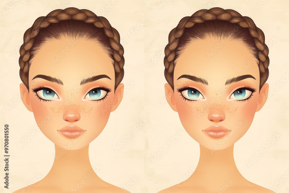 Symmetrical Portrait of a Woman with Braided Hair and Freckles Symmetrical Portrait of a Woman with Braided Hair and Freckles